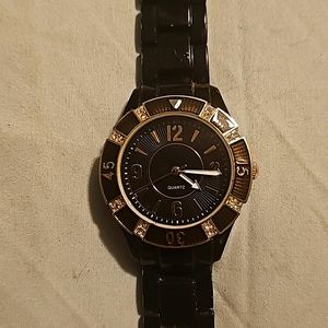 BWC Black Ladies Watch, Metal Band, Quartz, Stainless Steel Backing, Gol…